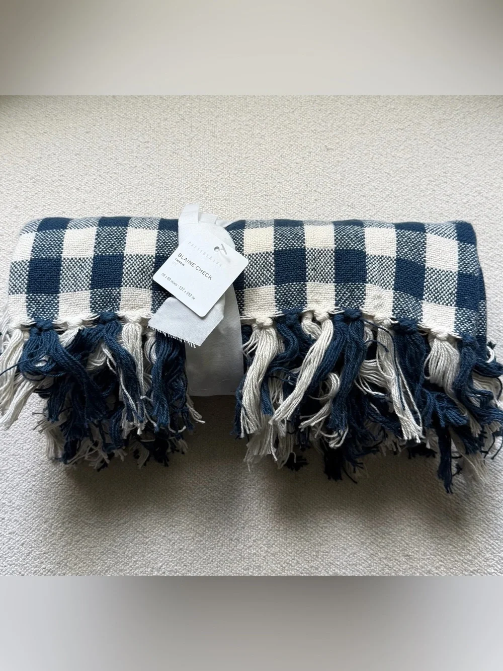 Pottery Barn Blaine Check Throw 50x60 Indigo Blue NWT Rare